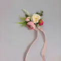 Artificial rose wrist flower corsage wedding party floral decoration pink ribbon elegant accessory - Wrist Flower (Single Ribbon)
