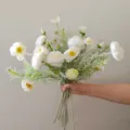 White artificial silk flower bouquet detail shot, elegant floral arrangement for home decor. - White
