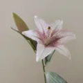 Artificial lily flower detail close-up showing realistic pink spotted petals and green stem. - Light Pink Purple