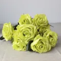Close-up view of 10-head artificial french rose bouquet, silk fabric flowers for home decor and props. - Green