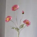 Artificial coral pink poppy flower branch, flocked faux floral stem for home decor. - Venetian Pink