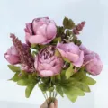 13 heads artificial autumn peony silk flower vintage bouquet for home decor photography backdrop - Light Coffee / Bean Paste