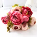 13-Head Vintage Artificial Peony Flowers Bouquet Silk Fake Floral for Home Decor. - Deep Pink