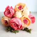 Artificial Peony Flowers Vintage Silk Bouquet For Home Wedding Decoration 13 Heads - Deep Pink & Champagne