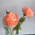 Close-up of artificial ranunculus flower, 3 heads faux silk floral decor for home living room. - Coral Pink