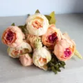 13-head artificial peony silk flower, vintage retro floral bouquet for home decor and photo background. - Champagne