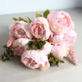Close-up detail of 13-head artificial pink peony silk flowers bouquet for home decor photography. - Flesh Pink