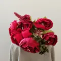 Artificial autumn peony flower bouquet detail, 13 heads silk floral decor for home photography. - Red