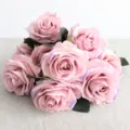 Artificial French rose bouquet with 10 flower heads, perfect for home decor and photography. - Light Purple