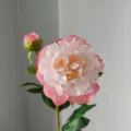 Exquisite artificial peony flower detail featuring dual pink and white gradient blooms and leaves. - Coral Pink