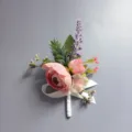 Pink artificial flower wedding boutonnière with roses and lavender for groom and bride. - Style XH090