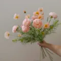 Detailed view of artificial pink flower bouquet, silk floral arrangement for home decor gift. - Medium Coral Pink