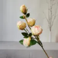 Details of 5-head artificial silk rose flower, realistic petals for home decor & photography props. - Champagne