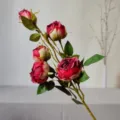 Detailed close-up of 5-head artificial vintage roses, showing delicate burnished petal texture. - Burgundy