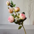 Artificial pink rose branch with 5 flower heads and green leaves, detailed home decor floral. - Pink