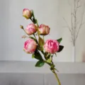 Artificial rose flower detail shot, 5-head pink silk flower branch, home decor photography props. - Pink Purple