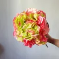 Artificial hydrangea flower detail, pink and green silk floral decoration for home decor. - Pink Green