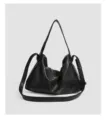 Sac à bandoulière minimaliste en cuir souple, grande capacité, cabas fourre-tout détail. - Noir