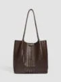 Dark brown woven leather tote bag, large capacity stylish shoulder bag for daily commute. - Brown