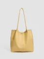 Sac cabas tressé en cuir jaune pour femme, grand sac épaule décontracté pour le quotidien. - Jaune