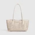 Elegant beige woven leather shoulder bag featuring a stylish diamond cutout design for daily use. - White