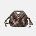 Brown leather woven handbag with triangular top handle, stylish crossbody bag for women. - Coffee