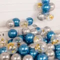 Detailed showcase of metallic silver, blue and gold confetti balloons for party setup scene. - Metallic Silver Blue Sequin Gold / Pack of 50