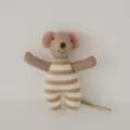 Closeup detail of the cute miniature fabric mouse doll in beige and white striped romper. - Brown Mouse Doll