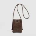 Sac bandoulière de téléphone en cuir tressé marron foncé, petit sac minimaliste et décontracté. - Café