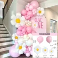 Birthday balloon arch kit with pink white balloons and daisy foil balloons for party decor - Set 002