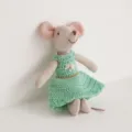 Detailed close-up shot of a charming plush mouse doll wearing a handmade green crochet dress. - Daisy Green Mother Mouse Doll