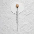 Silicone pacifier clip detail view, featuring cute cartoon animal design and safe wooden bead. - Wood Clip Style / Light Gray