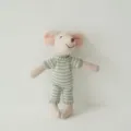Cute cotton linen mouse plush toy with striped knit onesie, soft soothing doll for kids room decor. - Gray White Striped Onesie Mouse