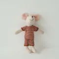 Cotton linen mouse plush doll, brown pink striped romper toy for kids room decor and soothing. - Pink Brown Striped Onesie Mouse