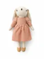 Close-up details of the cute linen floppy ear rabbit doll wearing a sweet pink plaid dress. - Pink Dress Lop-Eared Rabbit