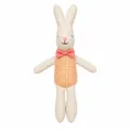 Cute fabric bunny doll with orange checkered romper and pink bow tie, soft linen toy. - Orange Bow Tie Rabbit Doll