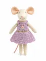 Cute plush mouse doll wearing a purple crocheted dress with rose embroidery, 10cm toy. - Pink Nose Rose Purple Little Mouse Doll