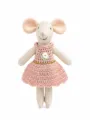 Cute fabric mouse doll wearing a charming pink crocheted dress with white flower detail. - Pink Nose White Rose Pink Skirt Little Mouse Doll