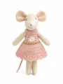 Cute fabric mouse doll wearing a charming pink crochet dress, soft toy for kids gift. - Daisy Pink Skirt Little Mouse Doll