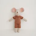 Cute knitted mouse plush toy wearing striped romper, soft fabric doll for kids room decor. - Pink Brown Striped Romper Little Brother Mouse Doll