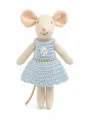 Cute 10cm linen mouse plush toy with handmade blue crochet dress, sweet doll gift. - Daisy Blue Skirt Little Mouse Doll