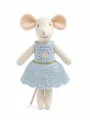 Charming handmade plush mouse toy wearing a blue crochet dress with a delicate rose embroidery. - Rose Blue Skirt Little Mouse Doll