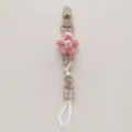 Handmade knitted flower baby pacifier clip with plaid strap anti-loss teething chain - Pink Floral Plaid