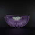 Detailed view of the purple handmade woven half-moon hobo bag featuring an inner pocket. - Purple