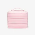 Trousse de maquillage rayée rose avec poignée et fermeture éclair, idéale pour voyage et quotidien. - Rose