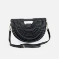 Black semi-circular shoulder bag with unique pleated design, stylish niche handbag. - Black