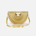 Chic metallic gold half-circle crossbody bag with unique ribbed noodle design and top handle. - Gold