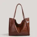 Chic brown large capacity shoulder tote bag for women, stylish PU leather casual handbag. - Brown