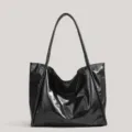 Sac Cabas Noir Brillant Grande Capacité Sac à Épaule Dames Sac Main PU Polyvalent - Noir