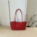 Red woven shoulder bag, retro lattice tote bag for women, stylish casual daily handbag. - Bright Red